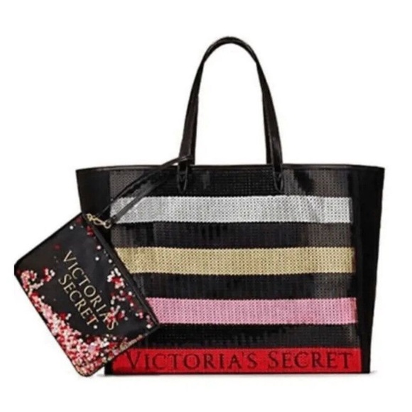 NWT VIctorias Secret Striped Sequins Tote Bag - Picture 1 of 11